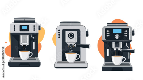 Group of three modern automatic coffee espresso machines for home or office use shown against decorative orange backgrounds.