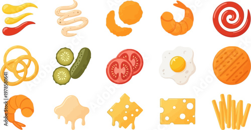 Fast Food and Snack Items Vector Collection Featuring Shrimp, Onion Rings, Chips, Nuggets, Fried Egg, Sandwich, and Sauces in Flat Style