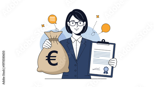 Successful businesswoman wearing glasses holding a large bag of Euro money and an official signed contract or certificate.