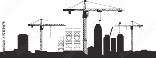 City construction skyline silhouette with cranes and buildings, urban development and engineering concept, industrial architecture under construction isolated on white background illustration