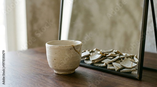 A gracefully mended ceramic cup stands next to a mirror reflecting its shattered past, symbolizing resilience, healing, and the inherent beauty found in overcoming life's fractures
