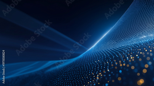 Abstract Digital Landscape: Dynamic, flowing wave of digital particles, showcasing data streams and virtual environments in shades of blue and gold.
