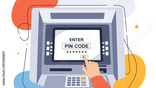 Close up of a person's hand entering a secret PIN code on the keyboard of an automated teller machine or ATM.