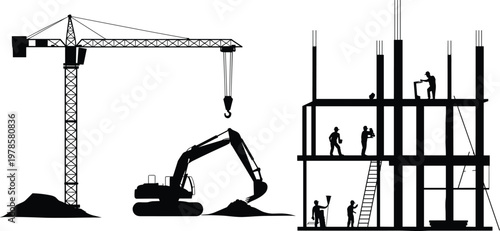 Construction site silhouette with crane, excavator and workers building structure, industrial development and engineering concept isolated on white background illustration