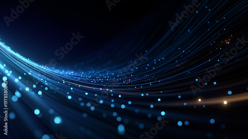 Abstract Blue Light Trails: Dynamic blue light trails flow gracefully across a dark backdrop, creating a mesmerizing abstract composition filled with depth and movement.