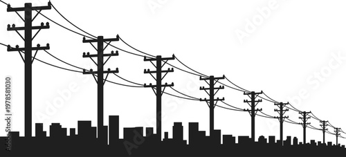 Electric utility poles and power lines perspective over urban skyline silhouette, electricity transmission infrastructure concept, industrial energy network isolated on white background illustration
