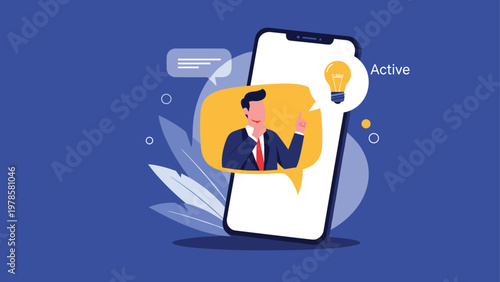 Conceptual illustration of a businessman appearing inside a smartphone screen with a glowing lightbulb idea bubble.