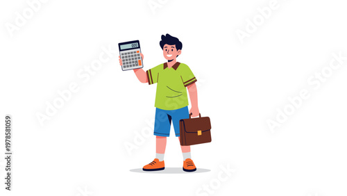Smart young boy dressed in school clothes holding a calculator and a brown briefcase to represent education and business.