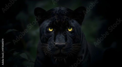 close-up of black panther with yellow eyes in darkness