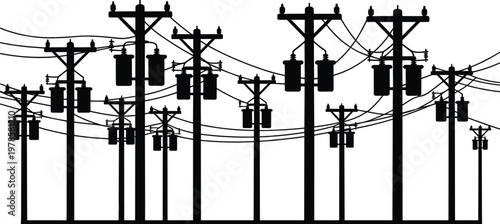 Electric utility poles and transformers silhouette with overhead power lines, industrial electricity distribution network concept, urban infrastructure illustration isolated on white background