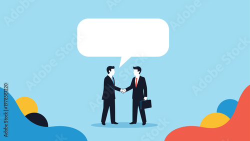 Two professional businessmen in suits shake hands to seal a deal in front of a large blank speech bubble for communication.