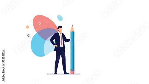 Creative businessman in a professional suit leans against a giant blue pencil against an abstract background of colorful shapes.