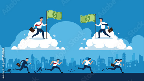 Group of people running towards money flags on clouds over a blue city skyline representing the pursuit of financial wealth.