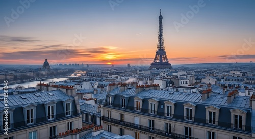 Paris cityscape at sunset with Eiffel Tower and buildings.