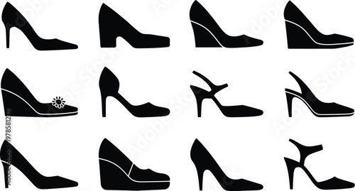 Set of black silhouette women high heel shoes including pumps wedges stilettos and sandals icons isolated on a white background.