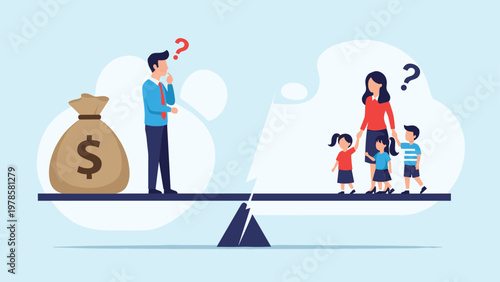 Conceptual illustration of work-life balance showing a man and a money bag on one side and a woman with children on the other.