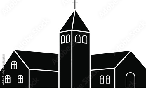 Black church building vector silhouette with high steeple and cross icon for religious community center architecture and christian faith design