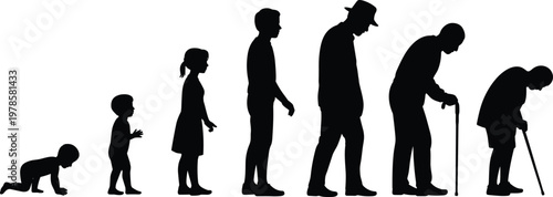 Human life cycle silhouette from baby to elderly, aging process concept, stages of growth and development, lifespan progression isolated on white background illustration