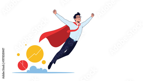 Successful businessman depicted as a flying superhero with a red cape soaring past colorful financial data and pie charts.
