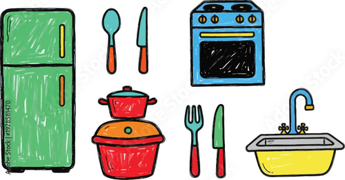 A colorful illustration depicts various kitchen appliances and utensils.