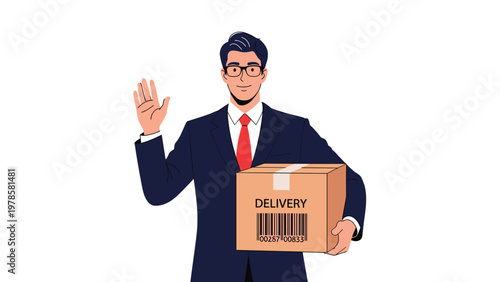 Friendly businessman in a professional navy suit holds a cardboard delivery box and waves his hand to symbolize shipping service.