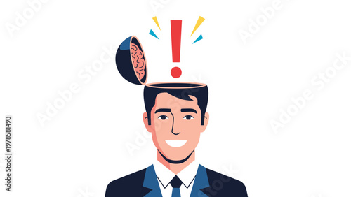 Smiling man in a suit with the top of his head open reveals a bright red exclamation mark symbolizing a sudden clever idea.