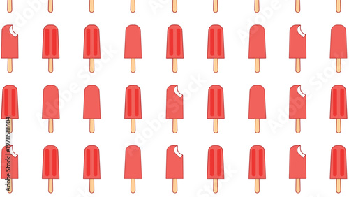 Repeating pattern of red fruit popsicles on wooden sticks against a white background with some showing a bite taken out of them.