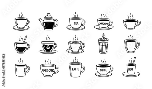 Hot drinks doodle icon set coffee tea cups hand drawn vector illustration