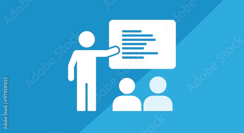 A white silhouette of a presenter gesturing towards a diagram with two seated figures