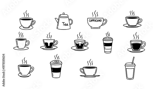Minimal hot drinks doodle set coffee tea cup outline vector illustration