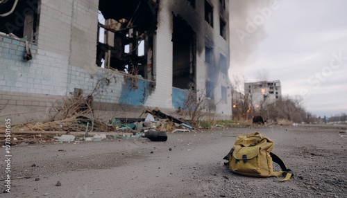 Abandoned Child Backpack on War Torn Urban City Street