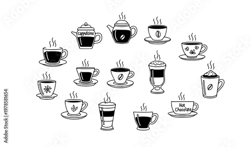Coffee and tea doodle icons set hot drinks vector line illustration