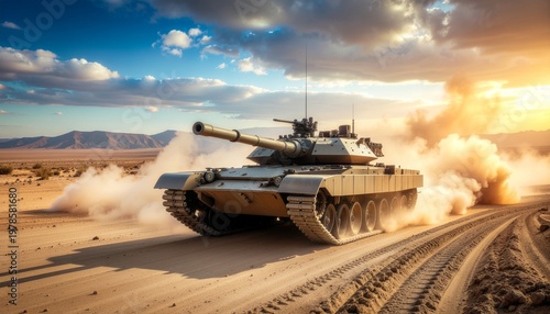 Modern Main Battle Tank Moving Through Dusty Desert Battlefield