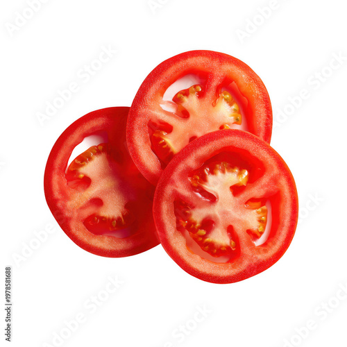 Three perfectly sliced tomato rings, vibrant red, against [Transparent Background PNG].