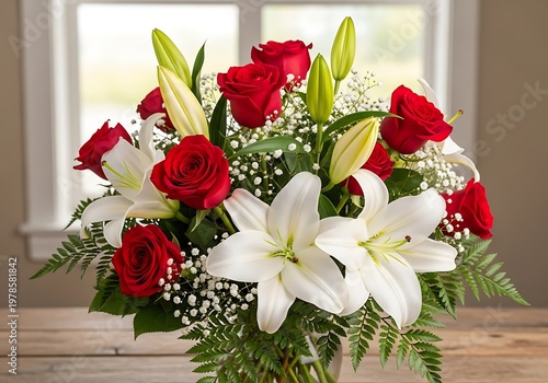 Beautiful bouquet of red roses and white lilies.