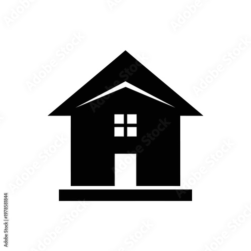 Black silhouette of a simple house with a triangular roof and a window