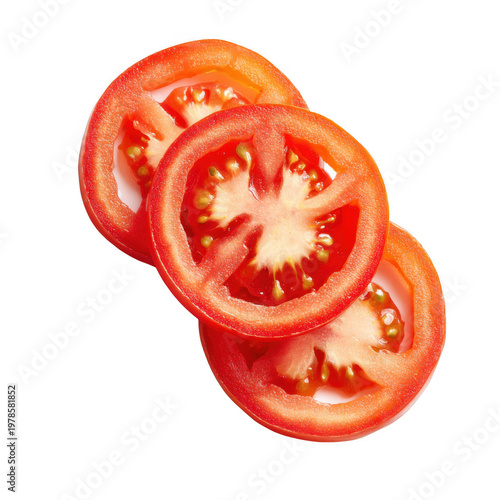 Three perfectly sliced tomato rings, vibrant red, against [Transparent Background PNG].