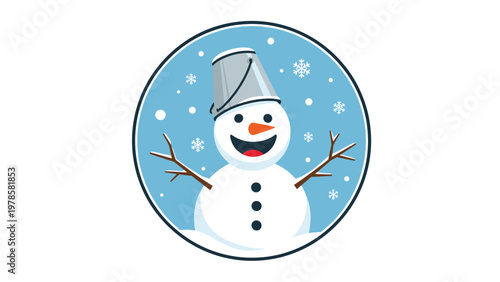 Jolly snowman wearing a gray bucket as a hat and a carrot for a nose smiles happily in a snowy circular winter illustration.