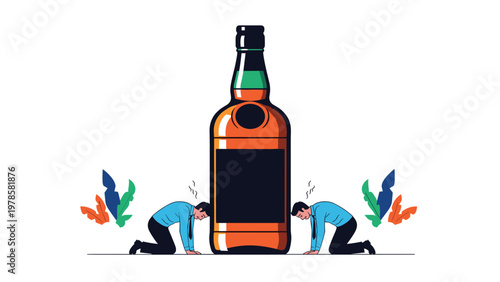 Conceptual illustration of two men kneeling in despair before a giant bottle of liquor representing the struggles of addiction.