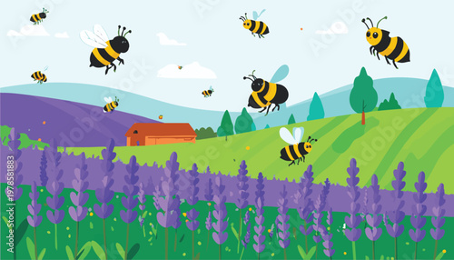 vector Cute Bees Flying Over Lavender Field with Barn