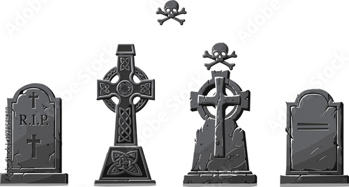 Gothic Set of Hand-Drawn Tombstones and Crosses with Skull Icons for Halloween and Dark Themed Illustrations