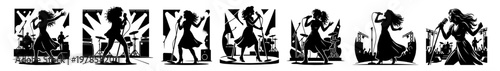 Singer silhouette woman with microphone on stage performance concert music show illustration pose audience lights icon black