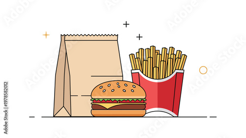 Classic fast food meal featuring a delicious beef burger, a carton of french fries, and a brown paper bag in flat design.