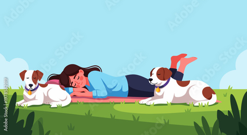 Woman practicing cobra pose on pink mat with dogs in sunny green meadow