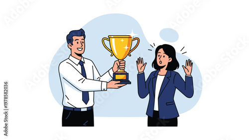 Male executive presenting gold winner trophy to surprised business woman in office attire against blue background.