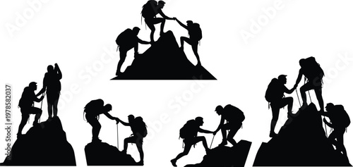 Silhouette of hikers climbing mountain helping each other, teamwork and success concept, adventure trekking group, leadership, support and achievement in outdoor challenge illustration