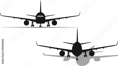 Black silhouettes of passenger commercial airplanes flying in clear sky shown from front and side perspectives at high altitude.