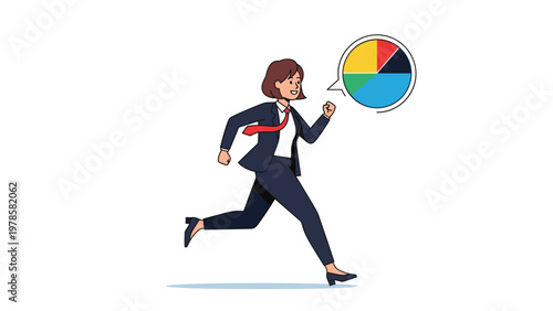 Ambitious businesswoman running fast to reach financial goals represented by colorful pie chart symbol on white background.