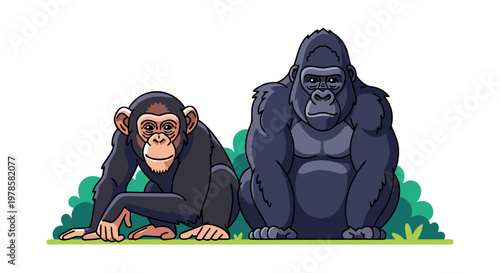 Two apes, a chimpanzee and a gorilla, sitting side by side in a grassy environment, illustration