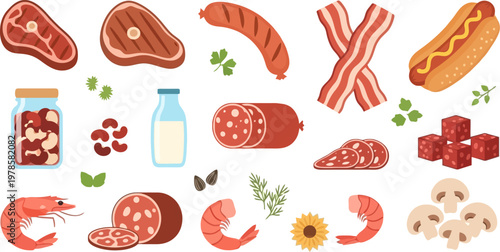 Meat and Processed Food Vector Collection with Sausage, Bacon, Steak, Hot Dog, Seafood, Dairy, Mushrooms, and Protein Ingredients in Flat Style